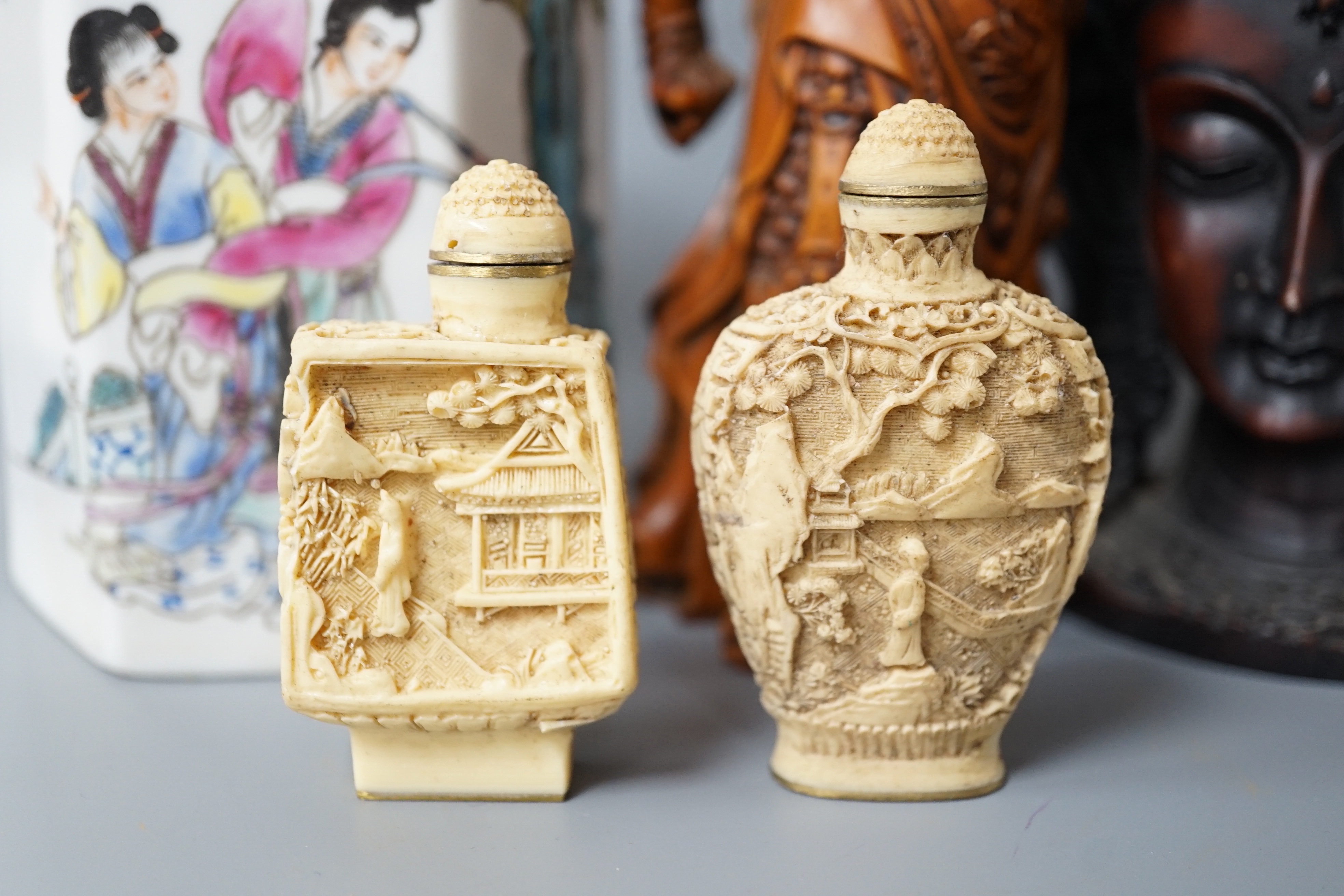 A Chinese famille rose brush pot together with other various oriental ceramics and figures (12)